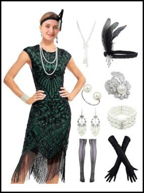 1920s Sequin Fringe Flapper Dress with Accessories Set Gatsby Costume